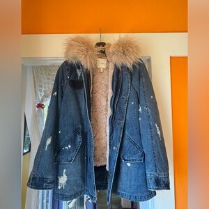 Avec Les Filles Distressed Faux Fur Lined Denim Anorak Jacket M NWOT
